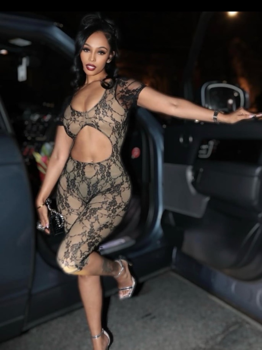 Sheer Black Lace jumpsuit with Nude Lining
